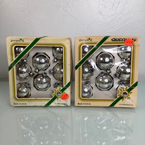 The Pyramid Collection Other - Vintage 16 Pyramid Silver Glass Balls Christmas Ornaments 2” USA